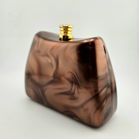 Vintage Brown Marbled Acrylic Box Clutch with Gold Chain Strap - Picture 6 of 16